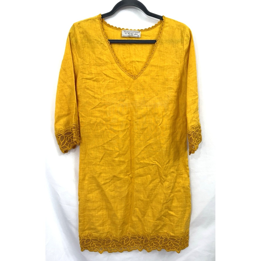 Haris Cotton 100% Linen Mustard Yellow Shift Dress Womens Size XS Crochet Lace